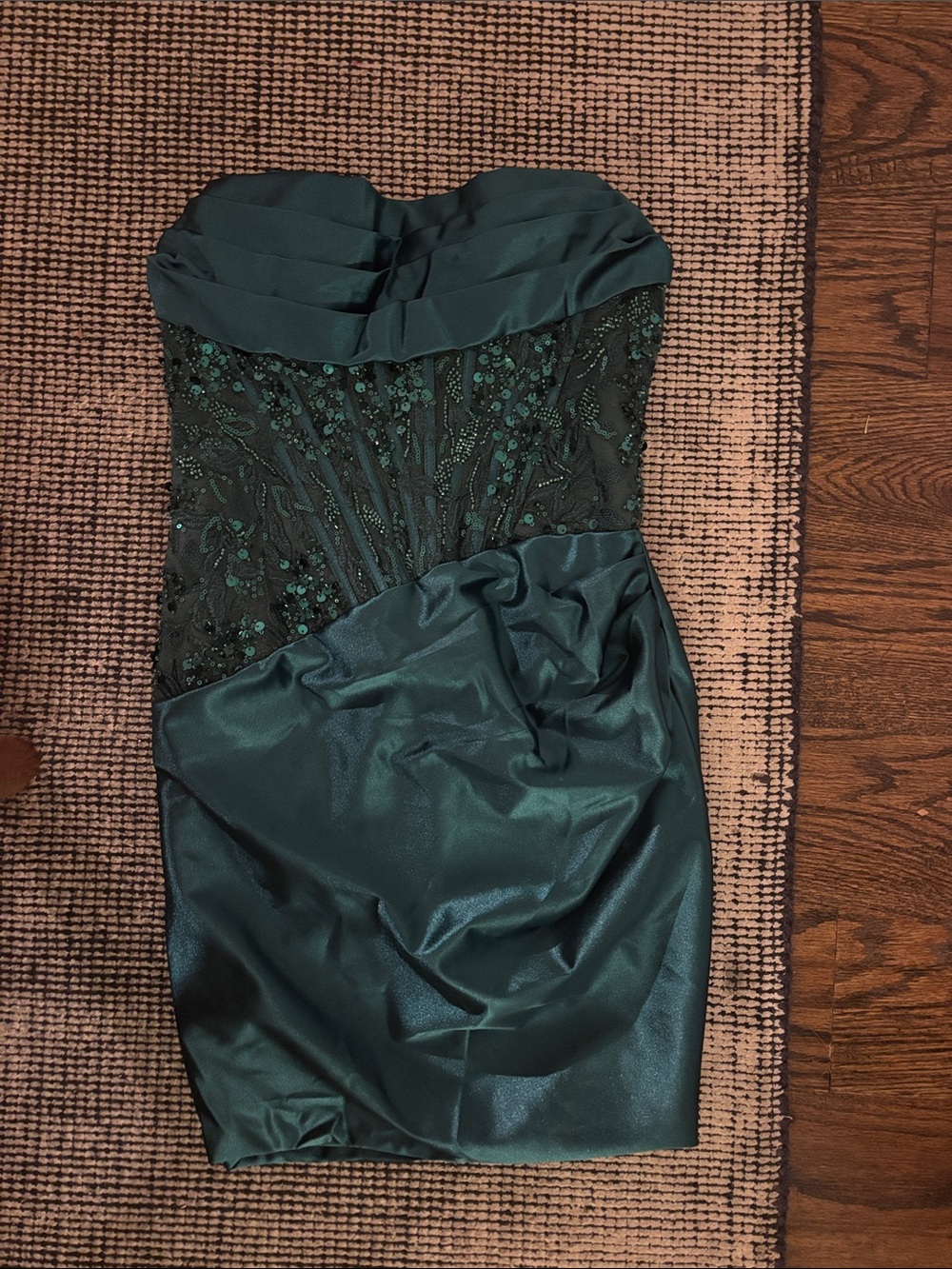 Strapless Dark Green Lace & Satin Cocktail Dress
